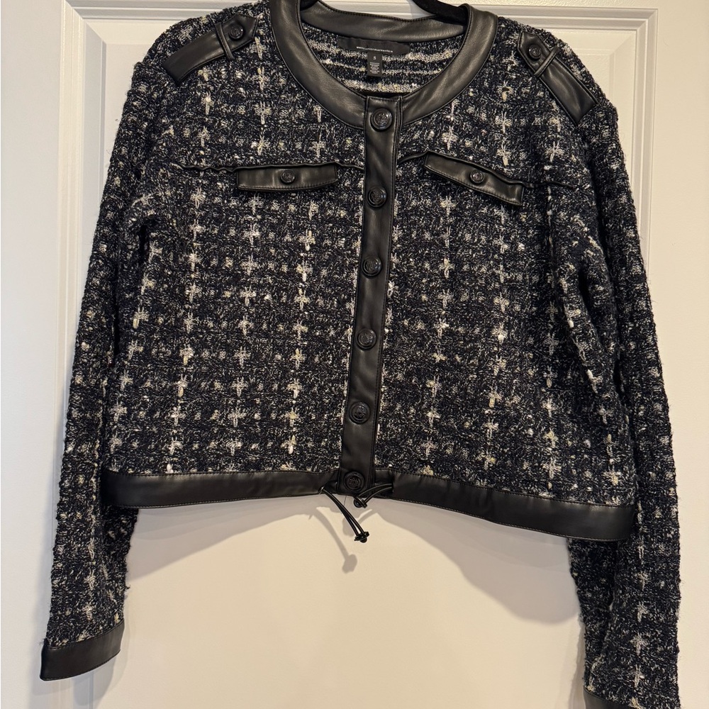 Women's Black & White Tweed Cropped Jacket with Faux Leather Trim